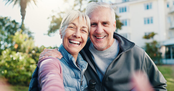 Portrait, selfie and old couple outdoor with fitness, social media post and memories for retirement. Happy, senior people and photography by apartment building with workout, relationship and blog.