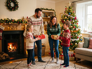 Fototapeta premium Happy Family in Festive Sweaters Exchanging Wrapped Christmas Gifts in Cozy Living Room Beside Burning Fireplace and Decorated Tree