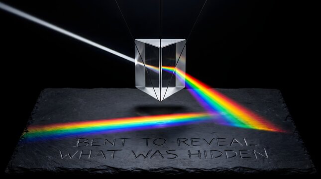 A glass prism bends a ray of light into a brilliant rainbow spectrum over engraved slate, representing the profound unveiling of hidden truth and scientific discovery.