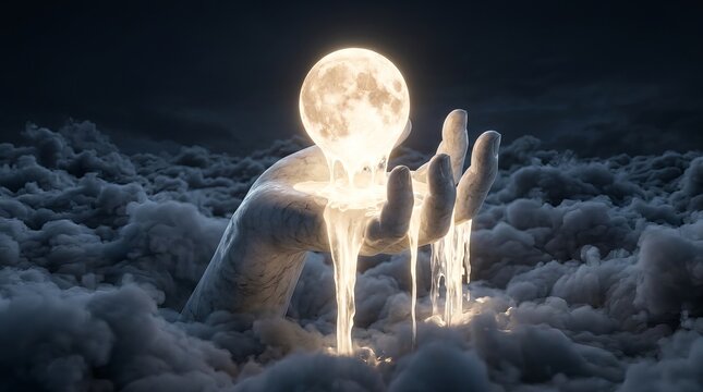 Giant White Hand Holding Melting Full Moon Above Clouds