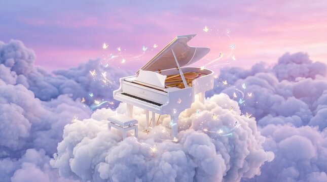Surreal White Piano on Clouds with Glowing Butterflies