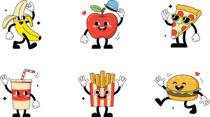 Fototapeta premium Retro Cartoon Food and Fruit Mascot Characters Set in Vintage 1930s Rubber Hose Style with Banana Apple Pizza Soda Fries and Burger