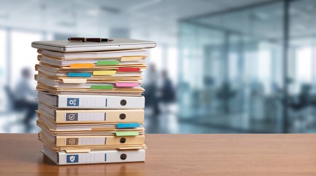 Towering stack of labeled compliance documents and tabbed files with a laptop, symbolizing due diligence, records management, audit preparation, paperwork overload