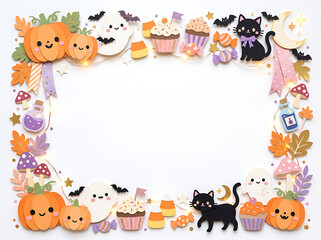 Fototapeta premium Halloween Frame with Candy, Cupcakes and Kawaii Characters