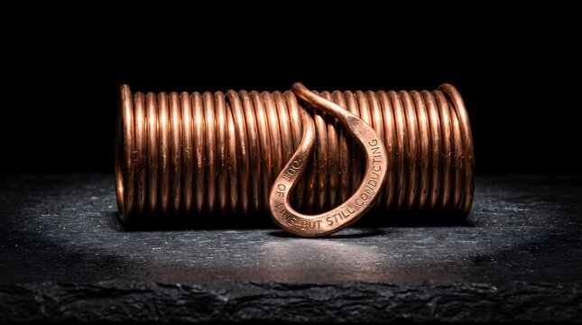 A copper coil with a bent strand engraved 'OUT OF LINE BUT STILL CONDUCTING', symbolizing resilience, non-conformity, and retaining value while breaking away from convention.