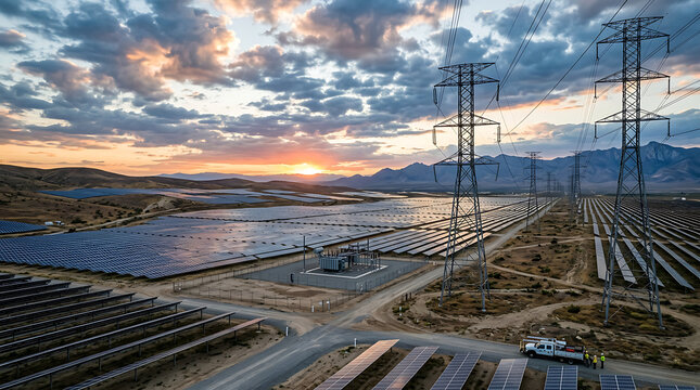 Vast solar farm at sunset with towering transmission lines across arid landscape