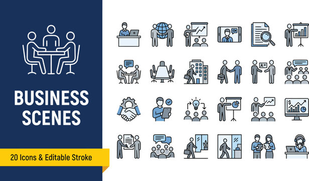 Business scenes icon set with 20 office life line icons, corporate meeting and teamwork illustrations, professional workplace character vector graphics