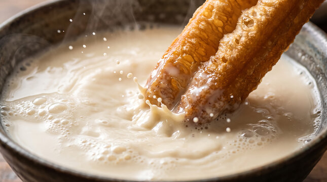 Golden Crispy Youtiao Dipping into Hot Fresh Soy Milk Creating Splashes and Droplets in Ceramic Bowl Close-Up