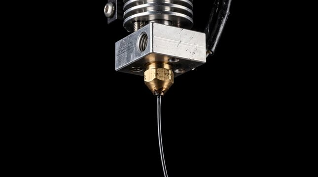 A golden brass nozzle extrudes a delicate black thread into the darkness, symbolizing the physical materialization of digital imagination and modern technological creation.
