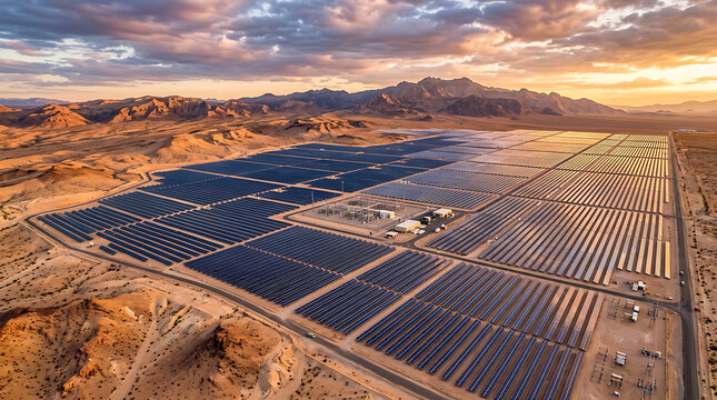 Vast solar panel farm during golden hour in a desert landscape