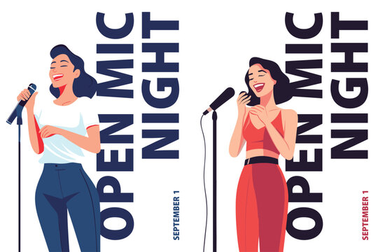 Open mic night posters pack with smiling women speaking into microphone on stage. Vibrant vector designs set for music events, comedy shows, entertainment promotions, social media