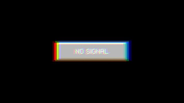 A vintage digital screen glitch displaying a 'no signal' message with vibrant chromatic aberration, reflecting classic television broadcast interruptions and electronic display failures