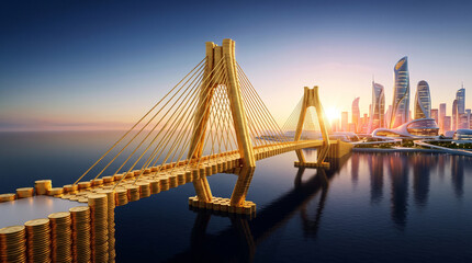 Fototapeta premium Golden cable-stayed bridge over calm water leading to city skyline at sunset, infrastructure and financial connection concept with dramatic sky and reflections