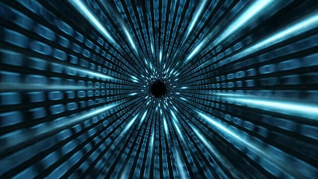 Blue binary code tunnel in a digital cyberspace.