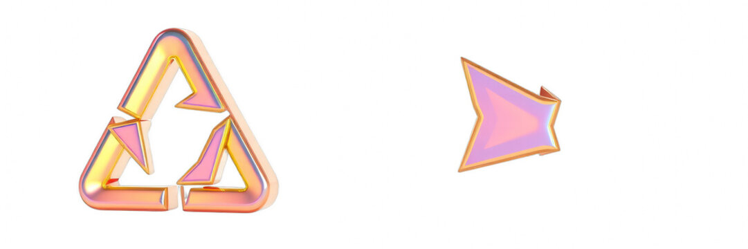 3D render of a golden recycling symbol and a triangle arrow