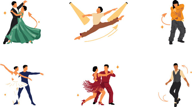 Professional Dancers Vector Character Collection Set Featuring Classical Ballet Waltz Latin Salsa Contemporary Jump Hip Hop and Tap Dance Styles