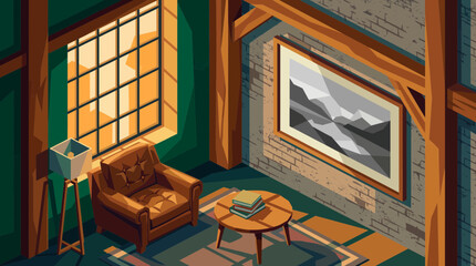 Isometric rustic attic interior illustration showcasing comfortable armchair, warm sunlight through window and wooden beams, illustrating cozy home atmosphere and interior design concept © Zahra