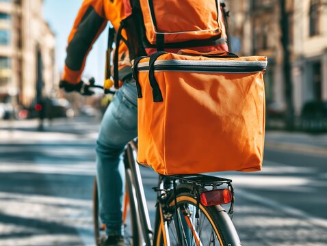 Food Delivery Courier Rides Bicycle in Urban Setting with Thermal Bag
