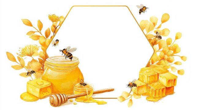 Empty square frame with watercolor honey pot, golden honey, honey bees and floral wreath on white background, cute yellow beekeeping border template for invitations, cards, labels, packaging, spring n