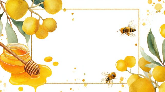 Empty square frame with watercolor honey pot, golden honey, honey bees and floral wreath on white background, cute yellow beekeeping border template for invitations, cards, labels, packaging, spring n