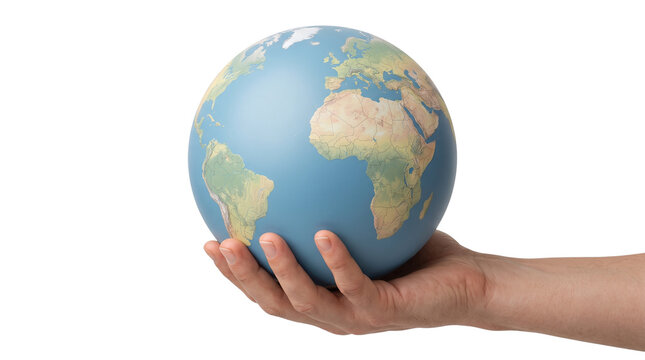 Global earth globe held in human hand, environmental conservation concept, world map sphere for international business and ecology isolated PNG with Transparent Background