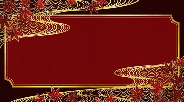 Elegant Japanese traditional gold frame background with red maple leaves and wave pattern for autumn