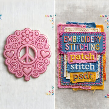 Peace sign embroidery patch with pink thread and cross stitch text