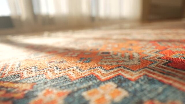Close up shot of vintage oriental rug on floor in sunlight with curtains in background and cinematic shallow depth of field
