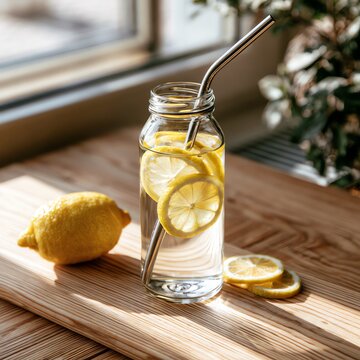 Refreshing Lemon Water in a Glass Bottle with Metal Straw