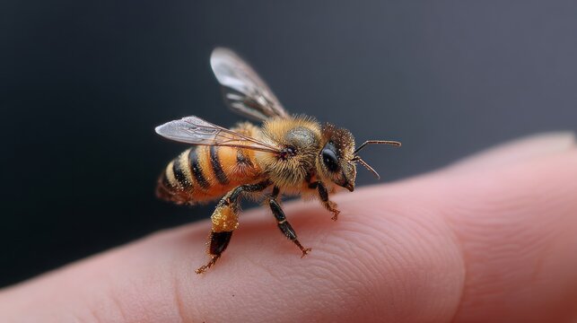 Close up of honey bee walking on adult woman finger, pollinating insect in natural environment, bee gathering pollen, wildlife macro photography, nature conservation, biodiversity, ecosystem health an