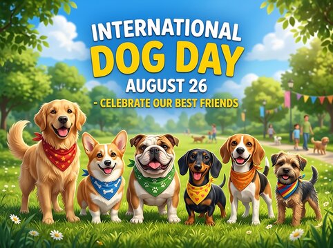 Happy international dog day celebration with cute cartoon dogs in colorful bandanas on green park background