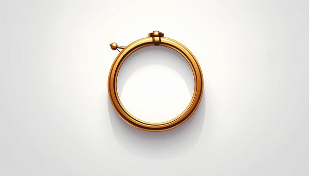 Golden embroidery hoop with red thread on white background.