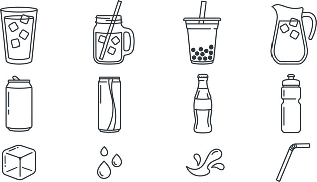 Minimal Beverage Outline Icon Collection with Iced Coffee, Bubble Tea, Soda Can, Water Bottle, Soft Drink, and Refreshment Line Vector Set