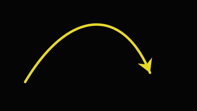 Animated green screen video background with a smooth, golden yellow arrow moving diagonally upwards, arcing downwards, and then curving upwards on a clean black background, ideal for motion graphics