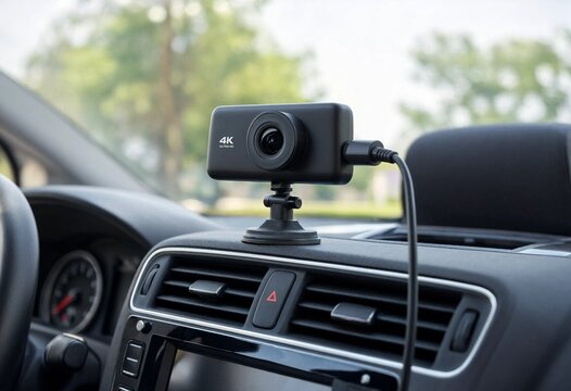 Closeup of fleet dashcam mounting bracket on vehicle dashboard, showcasing secure installation, transportation safety, telematics equipment, commercial driving technology, and monitoring system.