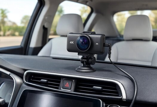 Closeup of fleet dashcam mounting bracket on vehicle dashboard, showcasing secure installation, transportation safety, telematics equipment, commercial driving technology, and monitoring system.