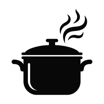 Cooking pot with steam rising from lid silhouette vector illustration icon.