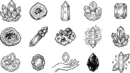 Obraz premium Mystical Crystal and Gemstone Collection with Quartz Clusters, Geode, Sacred Minerals, Healing Stones, Esoteric Symbols, and Engraved Vector Icons