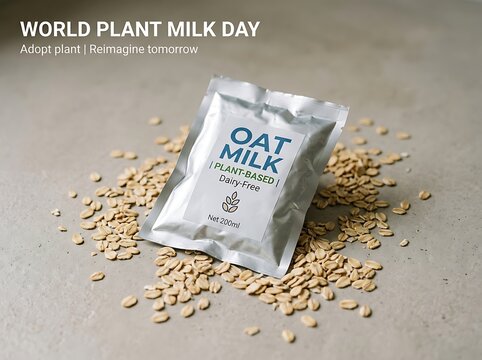 Plantbased oat milk packet surrounded by oats on a flat surface for world plant milk day