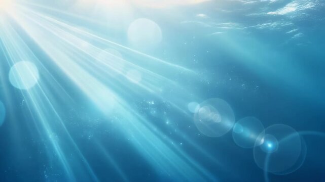 Bright sun rays shining through a blue background with bokeh light effects