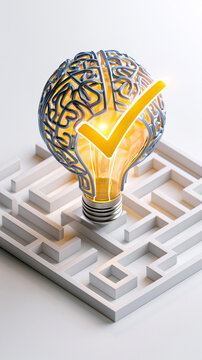 A glowing light bulb with a brain design and a yellow checkmark hovers above a maze, symbolizing intelligence and finding solutions.