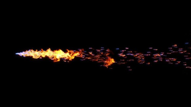 Flames Jet trail explosion power with sparks isolated on black backgrounds