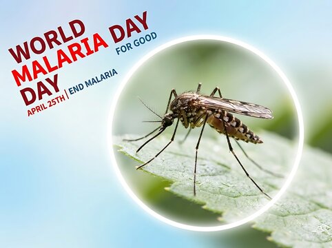 World malaria day awareness poster with mosquito on leaf highlighting global health campaign