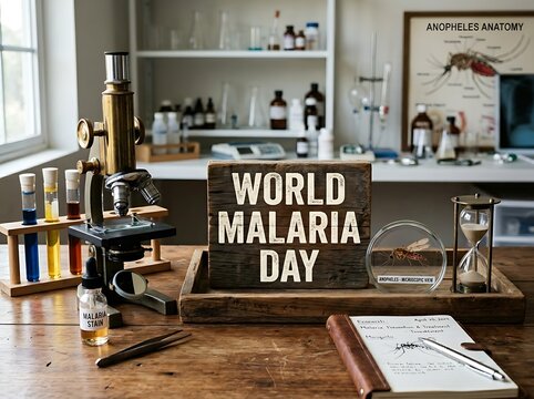 World malaria day concept with microscope test tubes and educational posters on desk