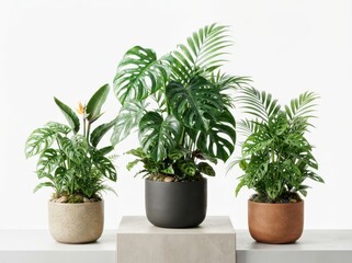 Fototapeta premium Three potted tropical plants including monstera and palm isolated on white background