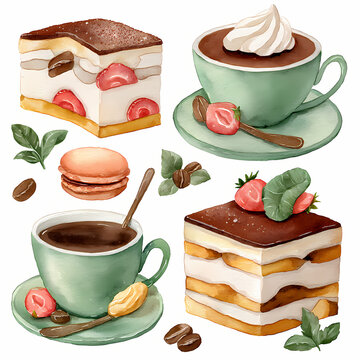 Collection for different of HThe bitterness of strong coffee perfectly complements the rich, creamy layers of tiramisu, a classic Italian dessert with mascarpone cheese and cocoa, watercolor.