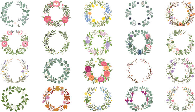 Elegant botanical floral wreath and frame collection vector set featuring delicate leaves branches wildflowers roses lavender rosemary and autumn foliage