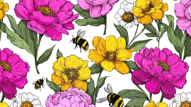 Seamless pattern of colorful hand drawn doodle flowers with bumblebee and bee insects on white background, floral botanical sketch design for wrapping paper, textile, wallpaper, fabric, scrapbooking a