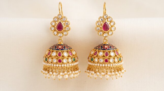 Traditional Gold-Plated Kundan Jhumka Earrings with Ruby and Pearl Detailing