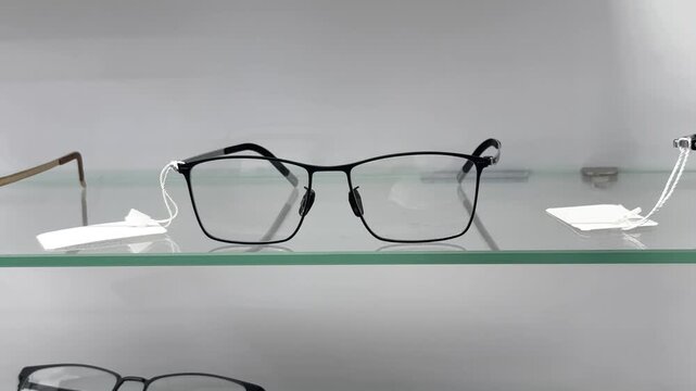 Eyeglasses displayed on glass shelves in optics store, stylish frames, retail eyewear, shopping.